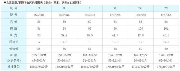女装尺码表